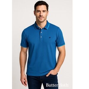 Buttercloth Mens Blue Geometric Knit Polo Shirt Icy Cotton Size Medium